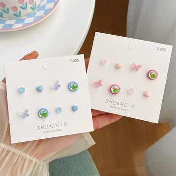 DAIIIBABYYY  -  Korean Fashion Pink Blue Tulip Flower Stud Earrings Set Women Y2K Kpop Butterfly Heart Floral Earring Jewelry Gift